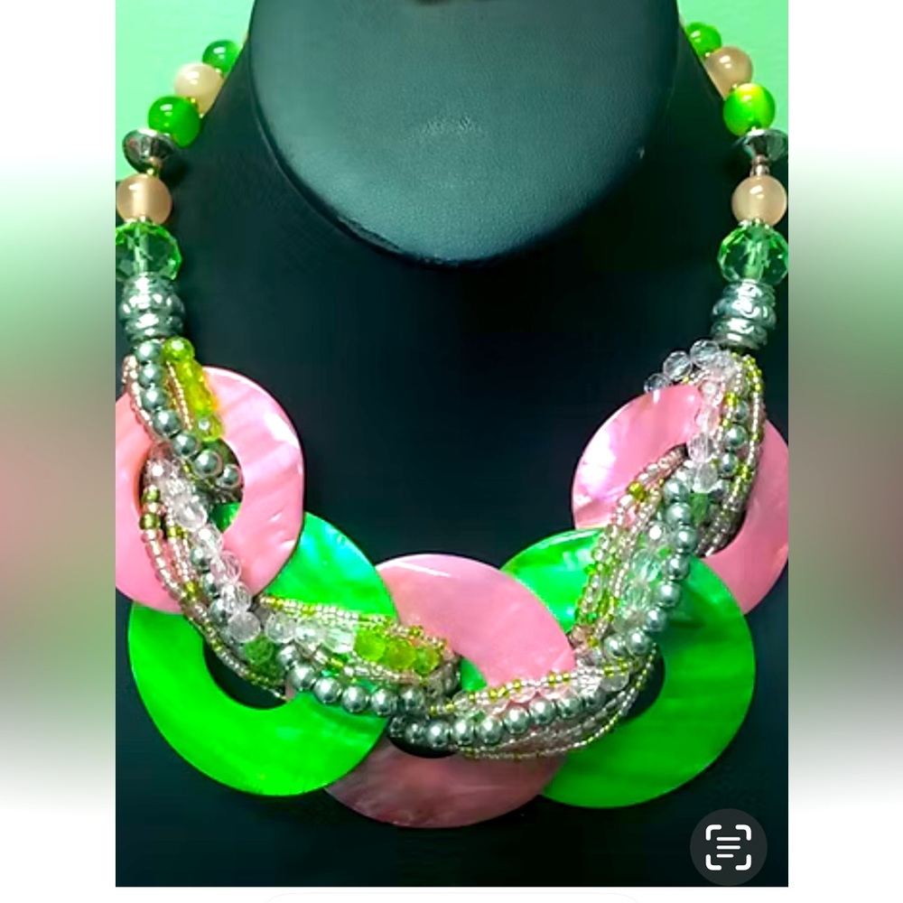 Pink And Green Sorority Colors Beaded Necklace Fashion Jewelry Costume Jewelry